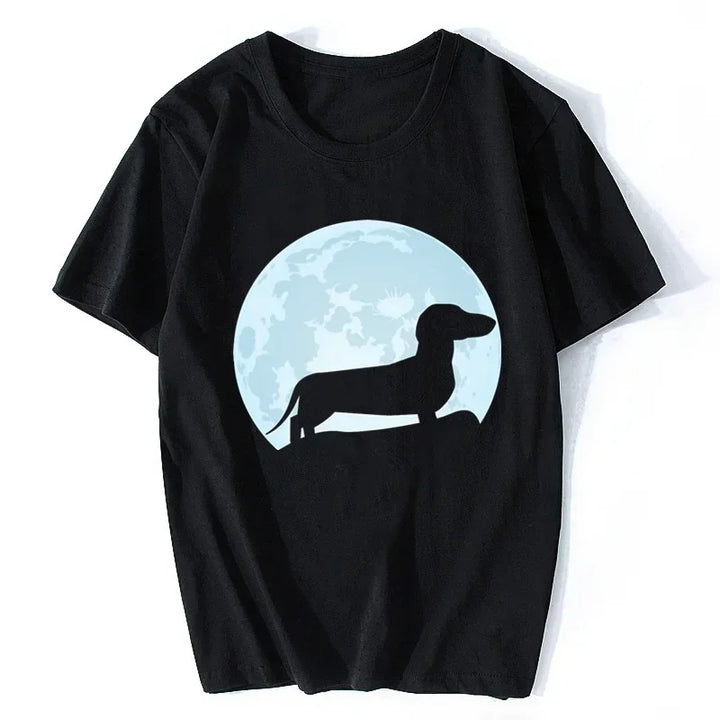 Moon Dachshund Lover T-Shirt – Unisex O-Neck Short Sleeve Graphic Tee for Men & Women | Wiener Dog Streetwear Gift