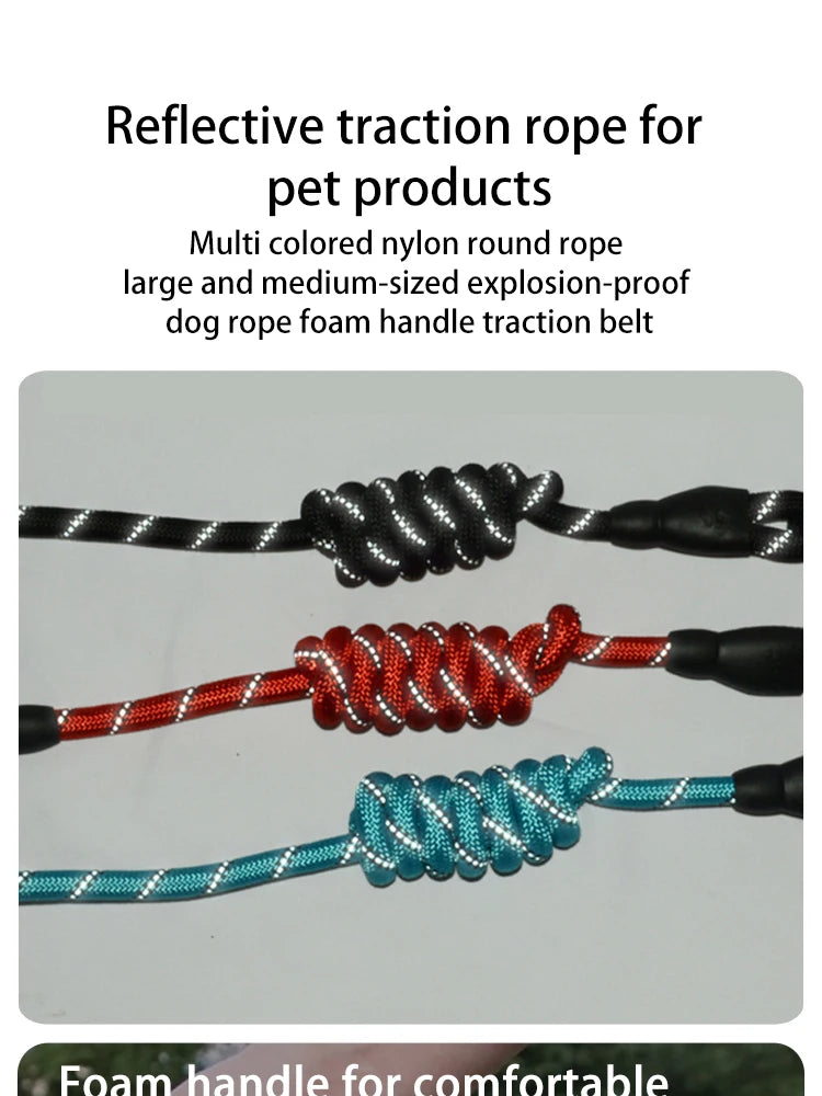 Reflective Nylon Dog Leash – Heavy-Duty Braided Rope Lead for Night Walks