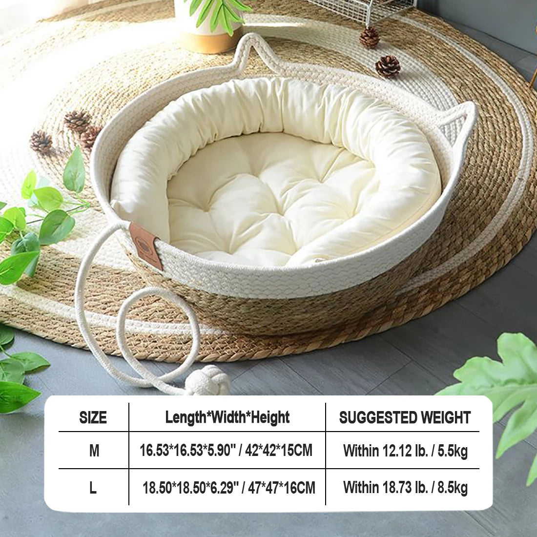Natural Rattan Straw Cat Bed House – Indoor Pet Kennel Basket with Soft Cushion & Scratching Ball | Cozy Tent for Cats, Kittens, and Small Dogs