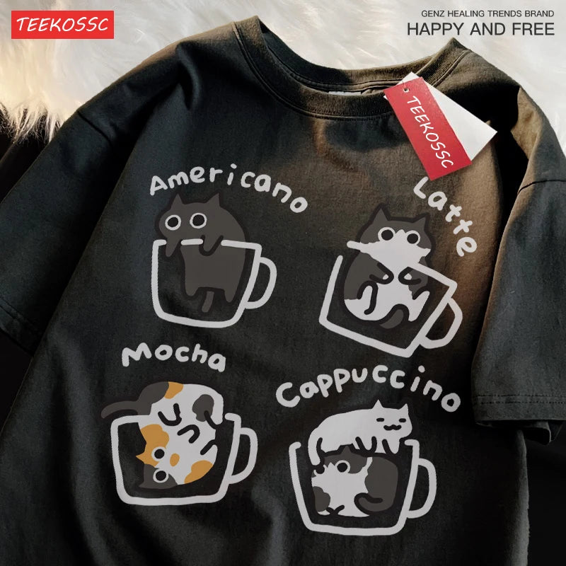 Cat Coffee T-Shirt – 100% Cotton Mocha Latte Cat Graphic Tee | Casual Loose Fit Short Sleeve Shirt for Men & Women