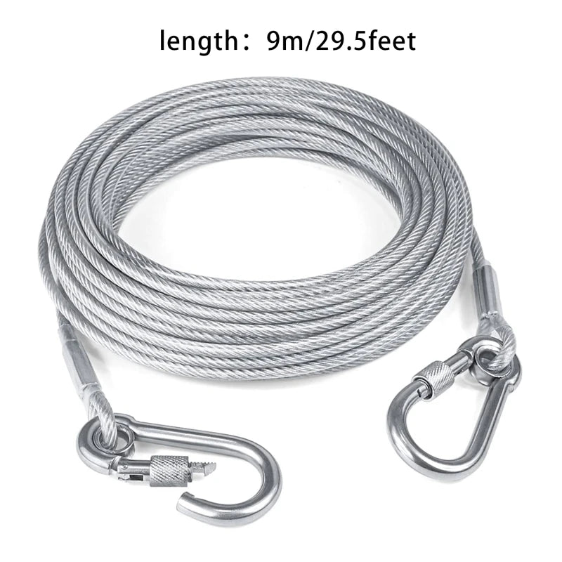 Heavy-Duty Double-Headed Dog Tie-Out Cable Leash – Stainless Steel, Multiple Lengths (6.6 ft to 49 ft)