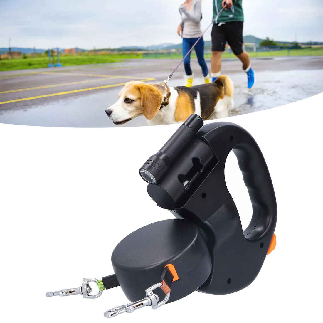 Dual Retractable Dog Leash with LED Flashlight & Waste Bag Dispenser – 360° Tangle-Free Design for 2 Dogs (Up to 33 lbs Each)