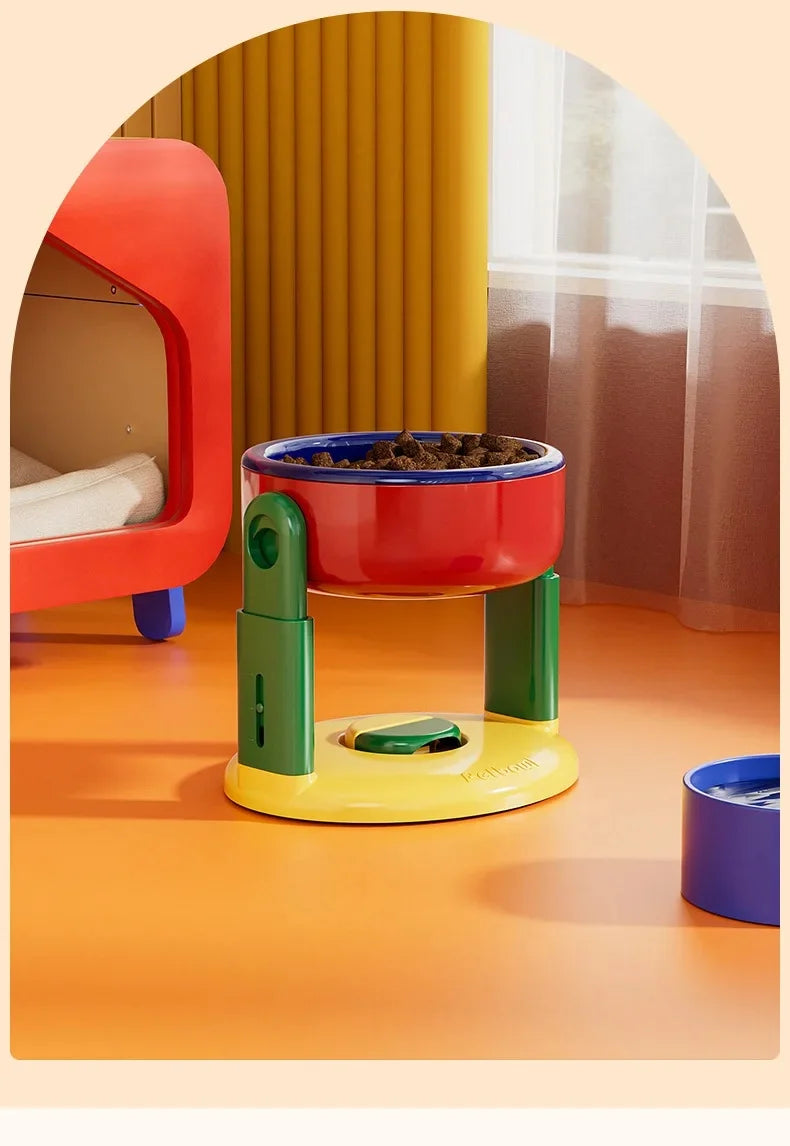 Adjustable Height Double Pet Bowls – Foldable Slow Feeder with Suction Cup Base for Cats & Dogs | 3 Heights, Food & Water Dish (Pink/Red)