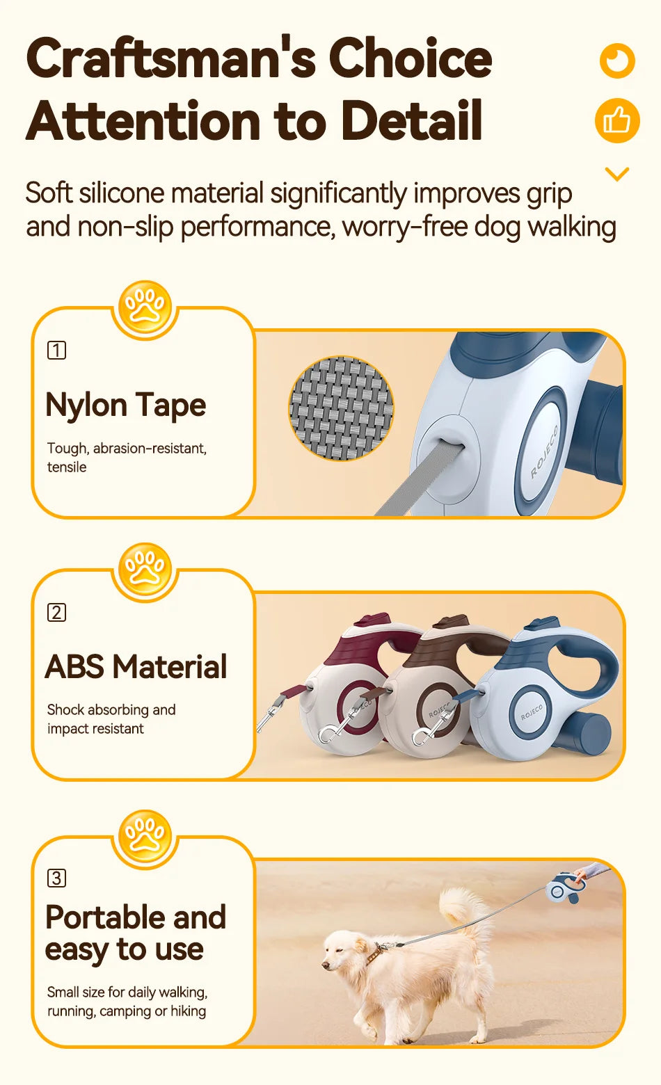 ROJECO Automatic Retractable Dog Leash 10ft/16ft Extendable