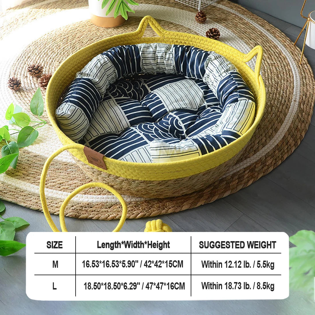 Natural Rattan Straw Cat Bed House – Indoor Pet Kennel Basket with Soft Cushion & Scratching Ball | Cozy Tent for Cats, Kittens, and Small Dogs