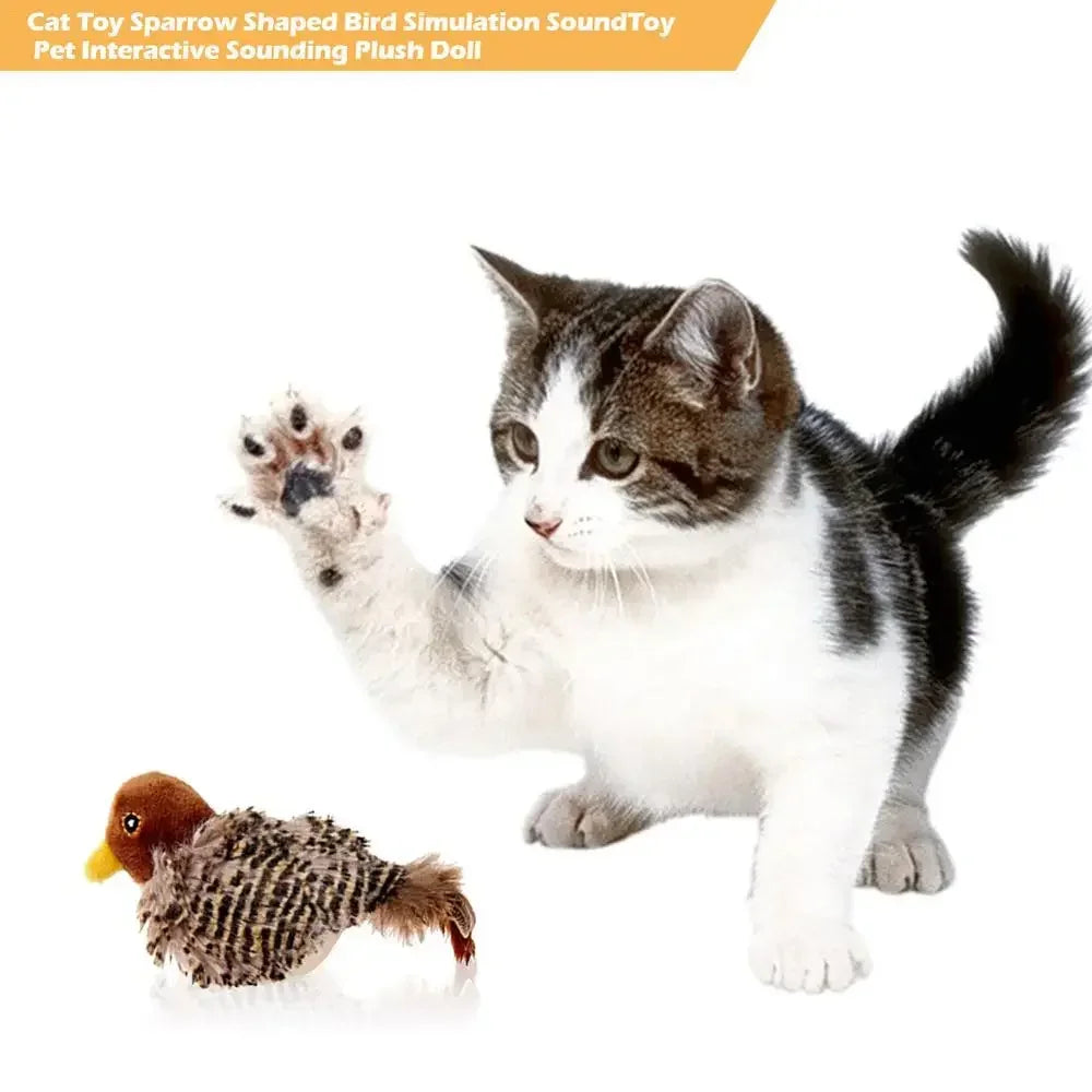 Interactive Electric Chirping Bird Cat Toy – Plush Sparrow with Feather, Catnip & Squeaky Sound | Teasing Toy for Kittens & Indoor Cats