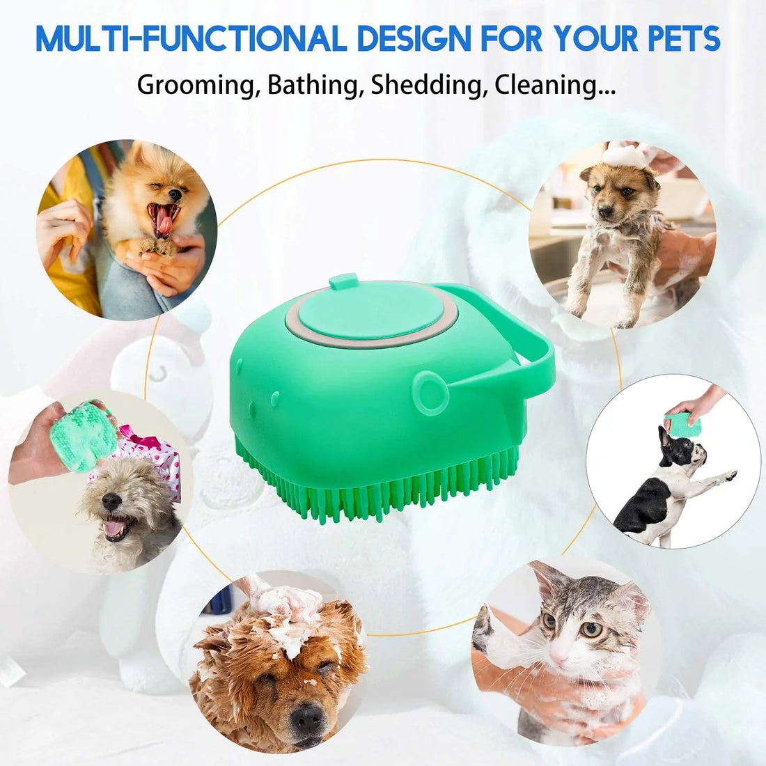 2-in-1 Dog Shampoo Brush with Dispenser – 80ml (2.7oz) Silicone Bath Scrubber for Dogs & Cats, Short Hair Pet Grooming Comb