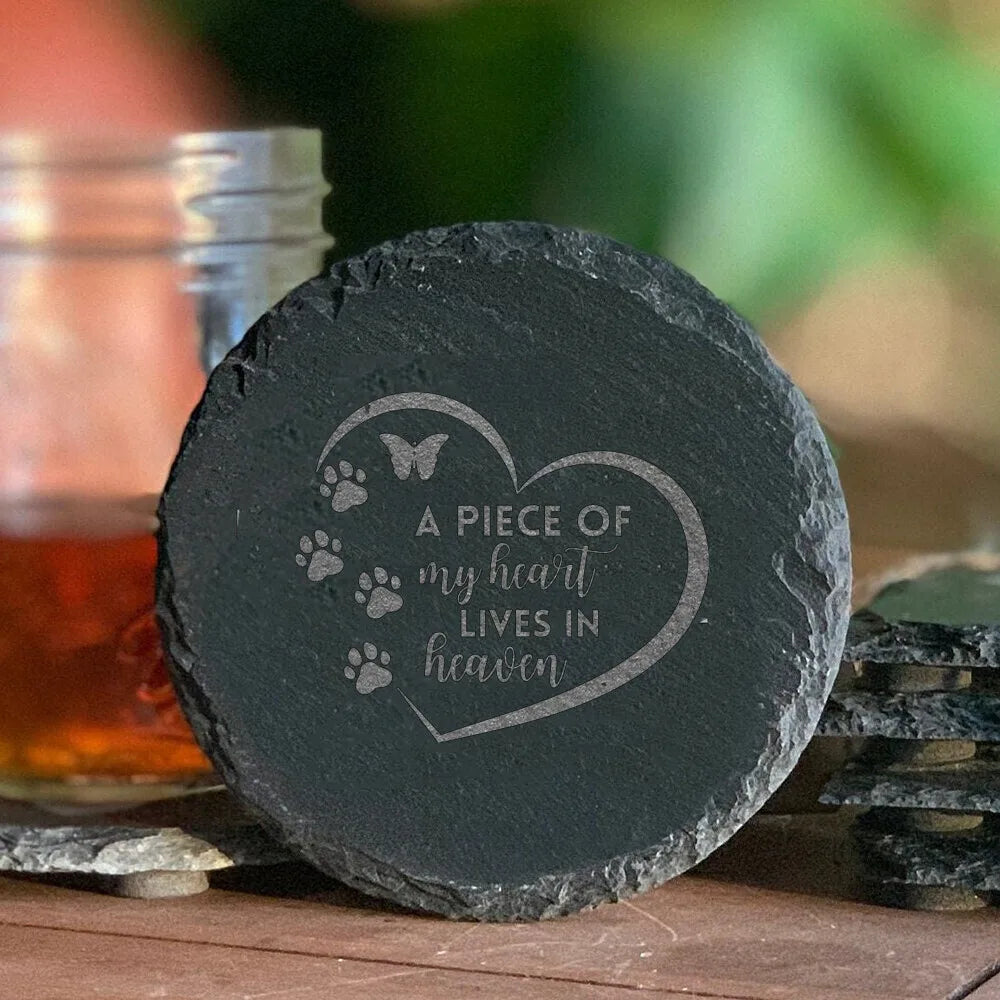 “A Piece of My Heart Lives in Heaven” Pet Memorial Stone – Engraved Ceramic Coaster Plaque for Cat & Dog Loss, Pet Grave Marker Gift