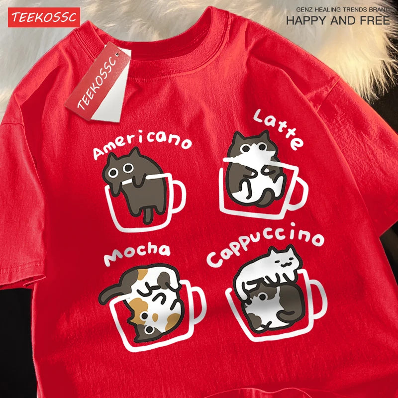 Cat Coffee T-Shirt – 100% Cotton Mocha Latte Cat Graphic Tee | Casual Loose Fit Short Sleeve Shirt for Men & Women