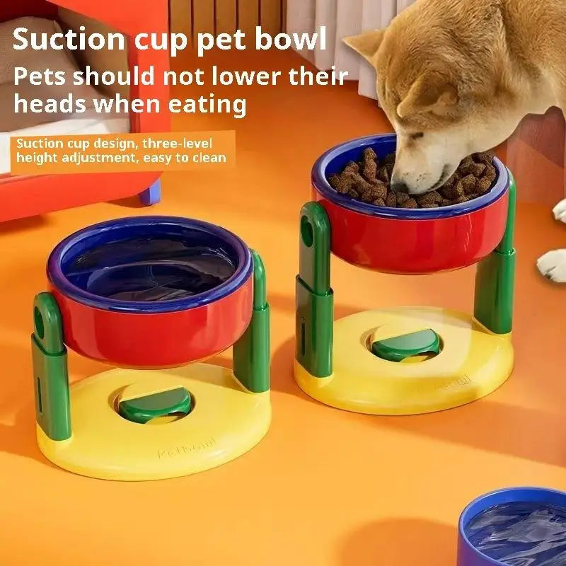 Adjustable Height Double Pet Bowls – Foldable Slow Feeder with Suction Cup Base for Cats & Dogs | 3 Heights, Food & Water Dish (Pink/Red)