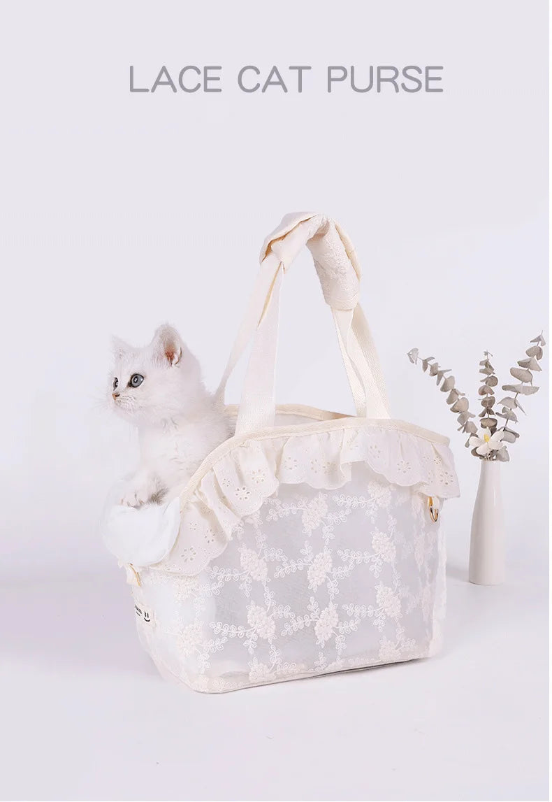 Pet Carrier Bag for Small Cats & Dogs – Lace Handheld Travel Backpack | Soft-Sided Car Seat Transport Tote | Puppy Travel Bag for Women