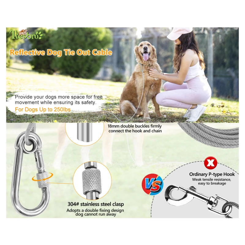 Heavy-Duty Double-Headed Dog Tie-Out Cable Leash – Stainless Steel, Multiple Lengths (6.6 ft to 49 ft)