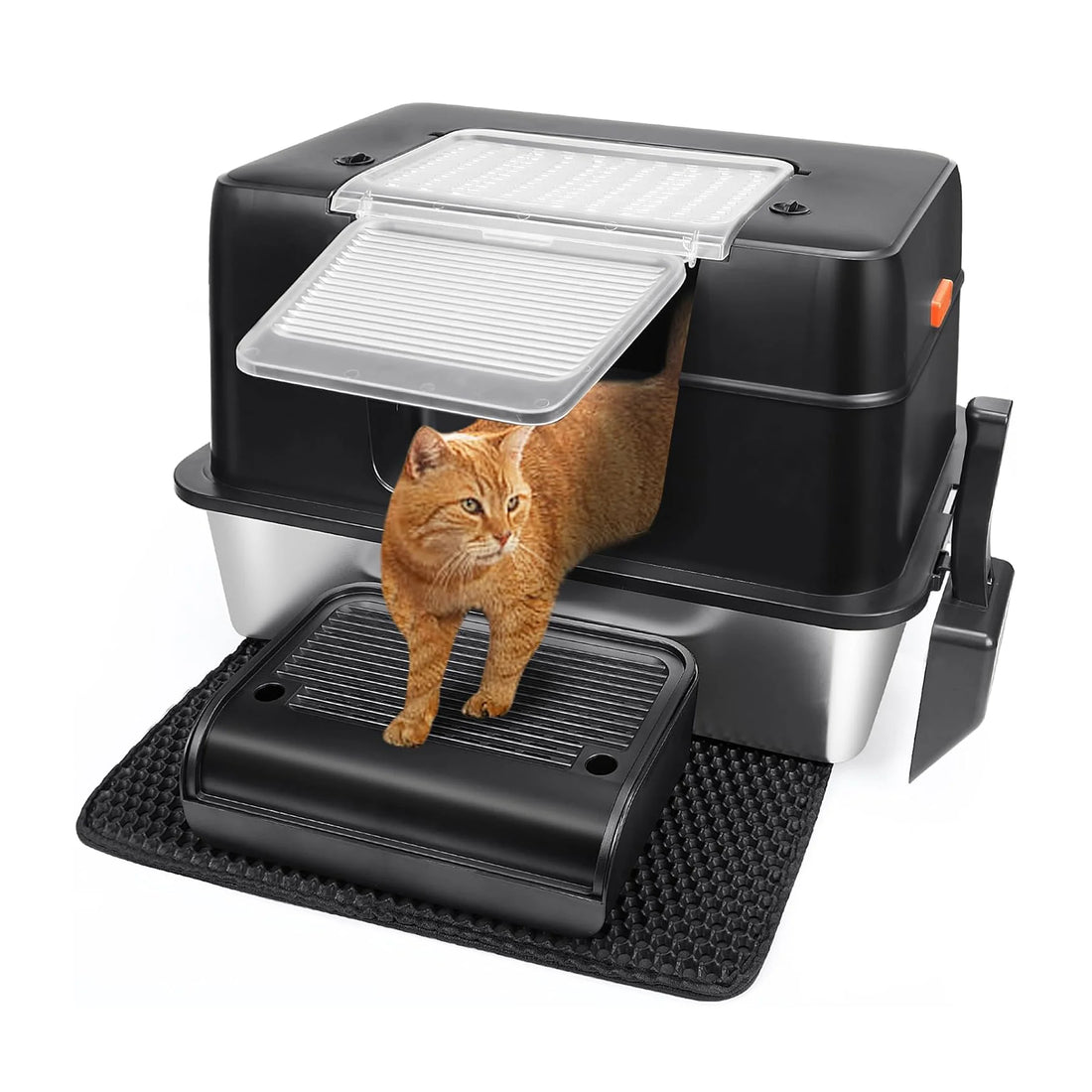 XXL Stainless Steel Cat Litter Box with Lid – High-Sided Enclosed Kitty Litter Pan with Front Entry & Top Access for Large Cats