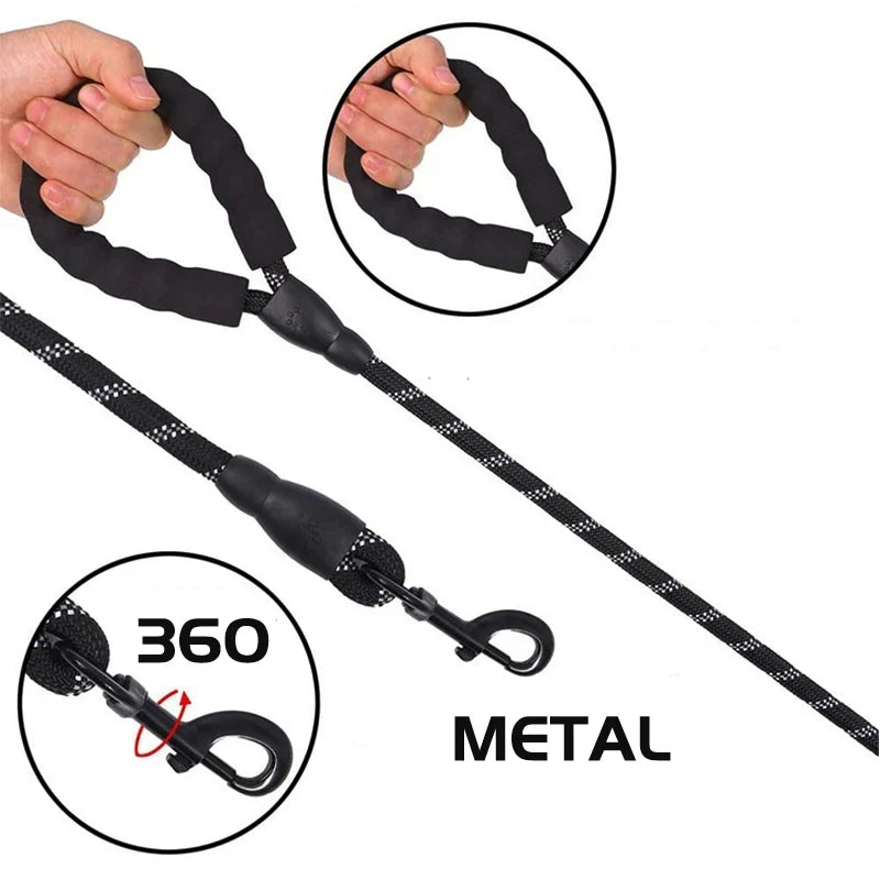 Reflective Nylon Dog Leash – Heavy-Duty Braided Rope Lead for Night Walks