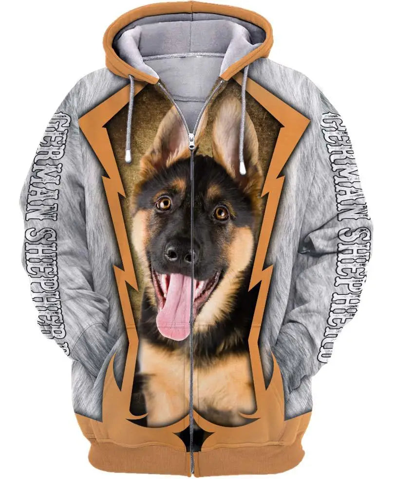 Love Dog German Shepherd 3D Printed Zipper Hoodie – Unisex Casual Streetwear Tracksuit | For Men & Women