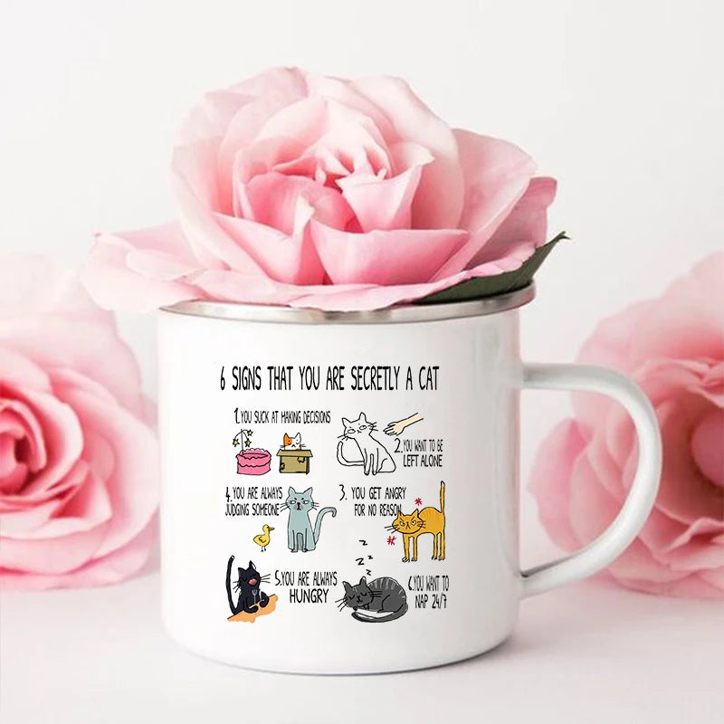 Funny Cat Print Enamel Mug – "6 Signs That You Are Secretly A Cat" Coffee Cup | Cat Lover Gift | Creative Drinkware