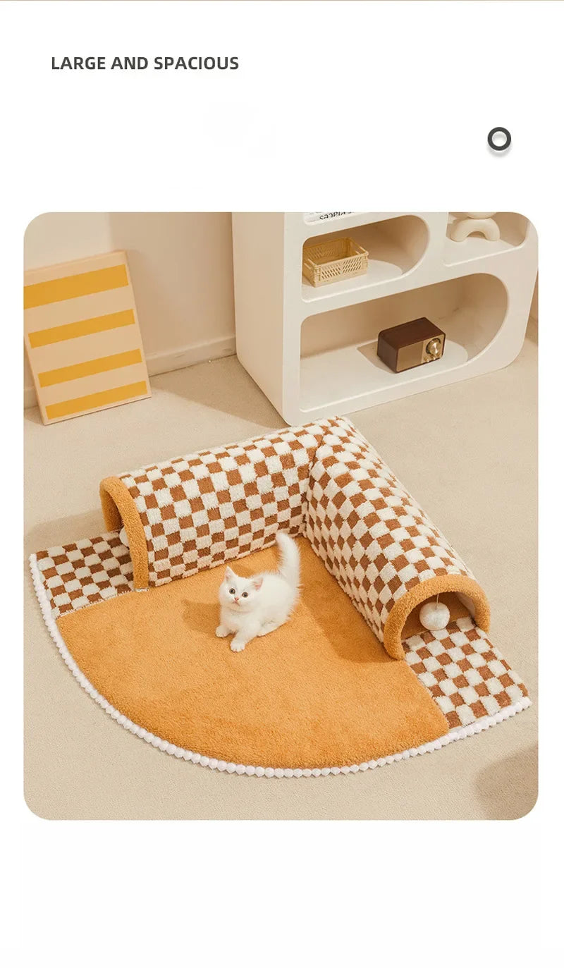 2-in-1 Cat Tunnel Bed – Plush Hideaway Tunnel with Removable Mat & Play Ball 2-in-1 Cat Tunnel Bed – Plush Hideaway Tunnel with Removable Mat & Play Ball