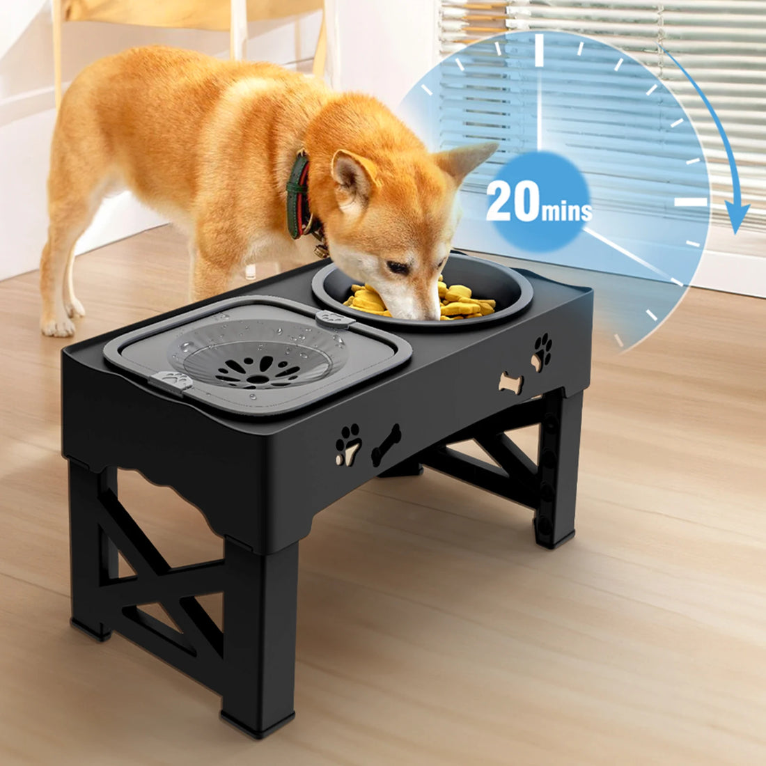 3-in-1 Adjustable Height Pet Feeder – Double Stainless Steel Bowls with Slow Feeder & Foldable Stand (5 Heights, 16.93")
