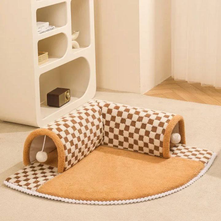 2-in-1 Cat Tunnel Bed – Plush Hideaway Tunnel with Removable Mat & Play Ball 2-in-1 Cat Tunnel Bed – Plush Hideaway Tunnel with Removable Mat & Play Ball