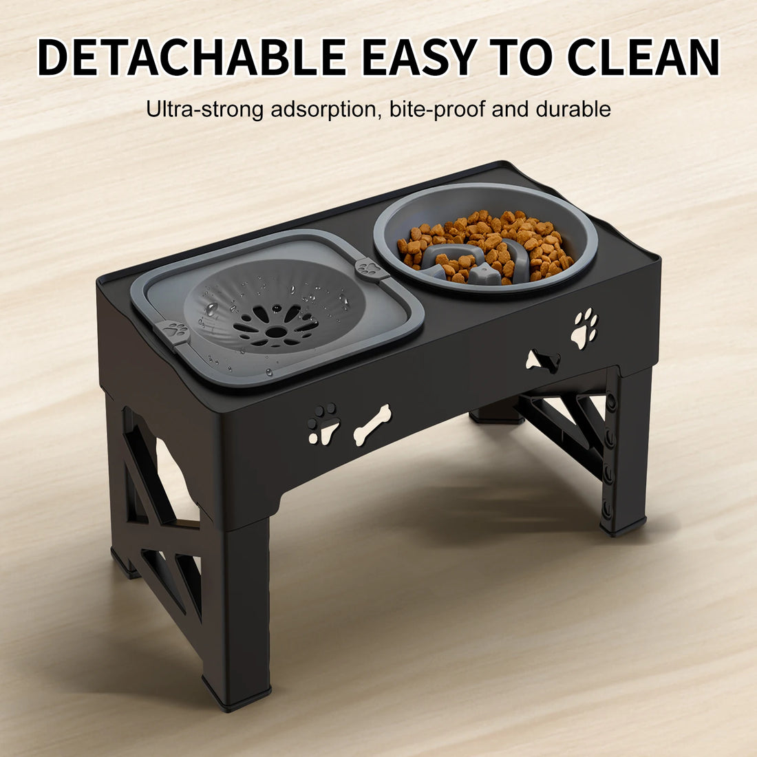 3-in-1 Adjustable Height Pet Feeder – Double Stainless Steel Bowls with Slow Feeder & Foldable Stand (5 Heights, 16.93")