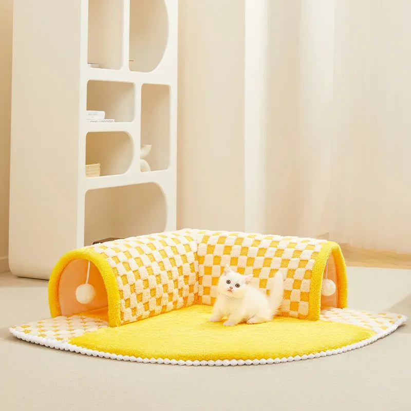 2-in-1 Cat Tunnel Bed – Plush Hideaway Tunnel with Removable Mat & Play Ball 2-in-1 Cat Tunnel Bed – Plush Hideaway Tunnel with Removable Mat & Play Ball