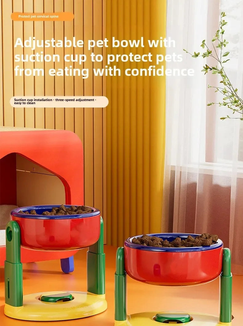 Adjustable Height Double Pet Bowls – Foldable Slow Feeder with Suction Cup Base for Cats & Dogs | 3 Heights, Food & Water Dish (Pink/Red)