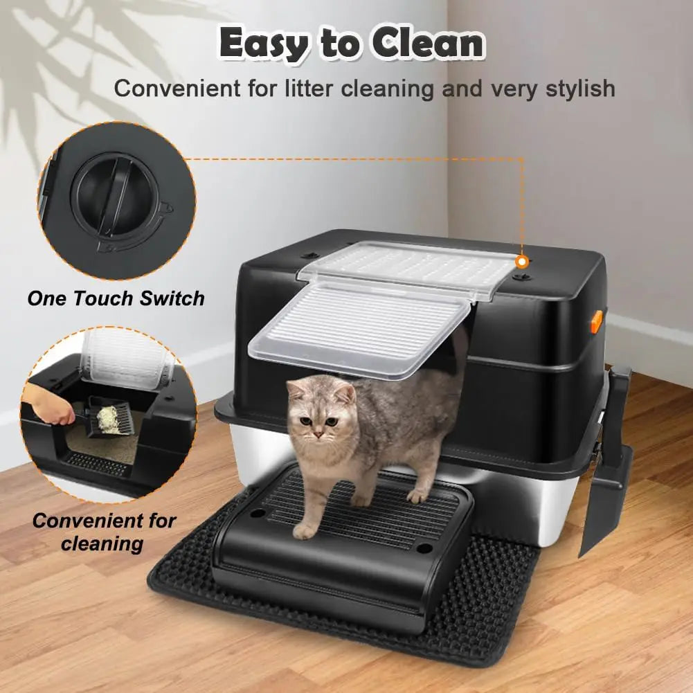 XXL Stainless Steel Cat Litter Box with Lid – High-Sided Enclosed Kitty Litter Pan with Front Entry & Top Access for Large Cats