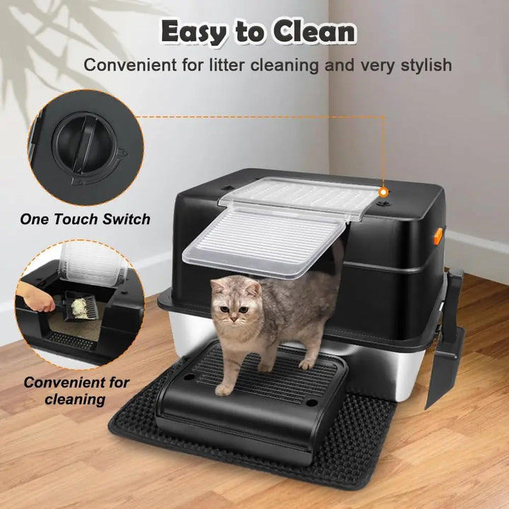 XXL Stainless Steel Cat Litter Box with Lid – High-Sided Enclosed Kitty Litter Pan with Front Entry & Top Access for Large Cats