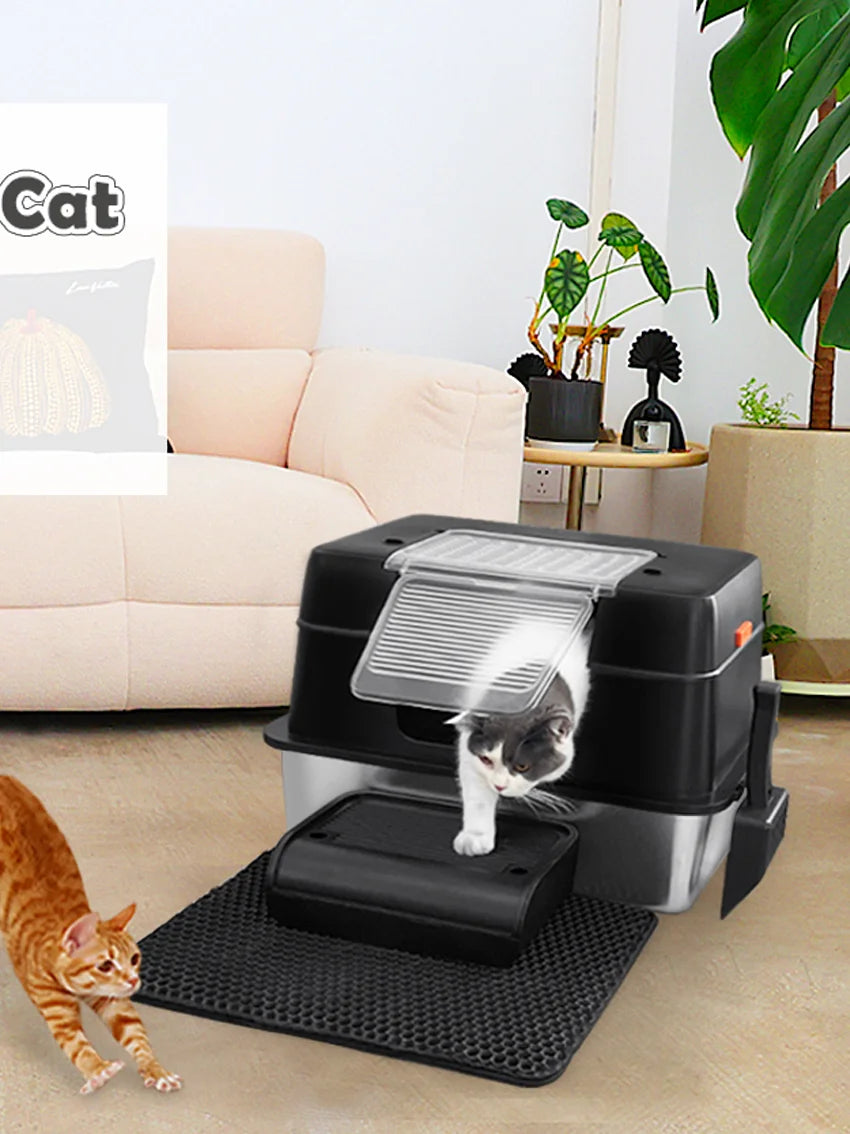 XXL Stainless Steel Cat Litter Box with Lid – High-Sided Enclosed Kitty Litter Pan with Front Entry & Top Access for Large Cats