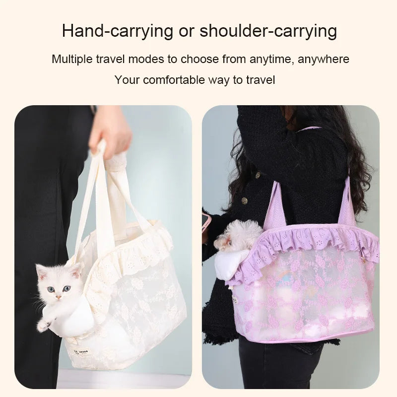 Pet Carrier Bag for Small Cats & Dogs – Lace Handheld Travel Backpack | Soft-Sided Car Seat Transport Tote | Puppy Travel Bag for Women