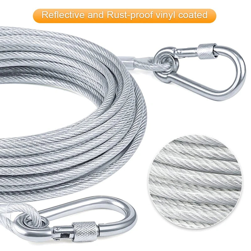Heavy-Duty Double-Headed Dog Tie-Out Cable Leash – Stainless Steel, Multiple Lengths (6.6 ft to 49 ft)
