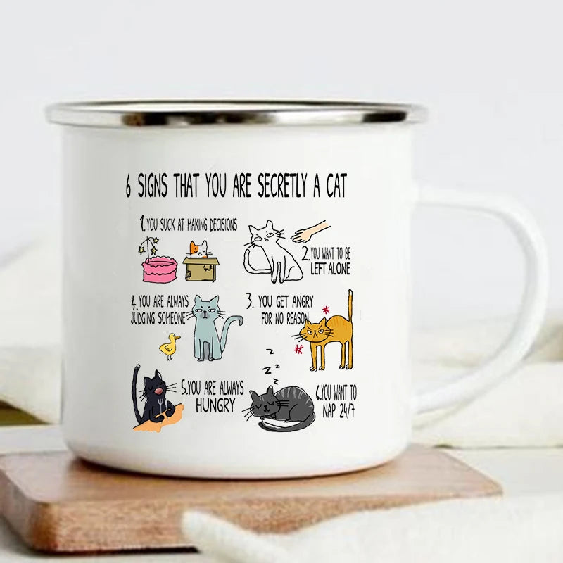 Funny Cat Print Enamel Mug – "6 Signs That You Are Secretly A Cat" Coffee Cup | Cat Lover Gift | Creative Drinkware