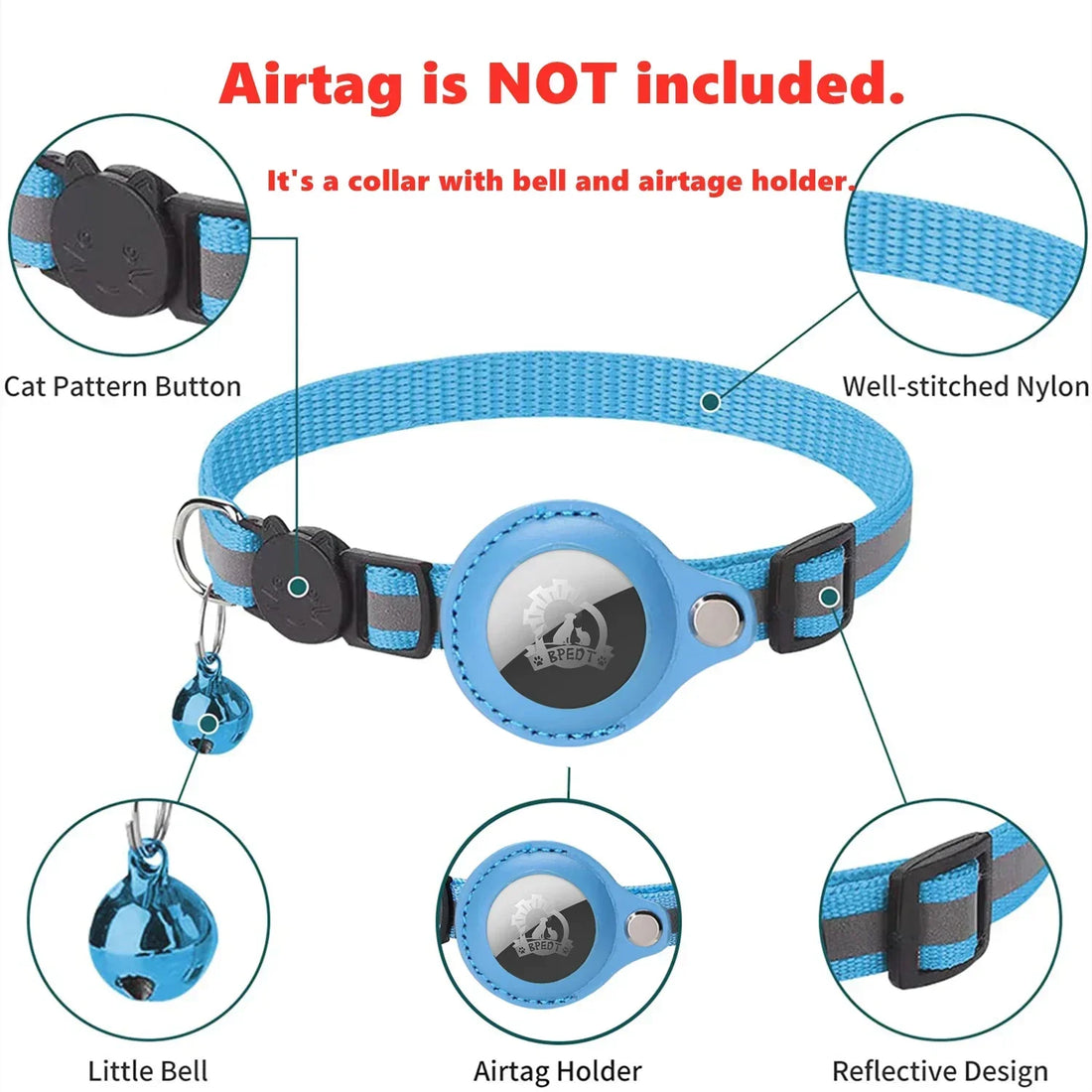 Reflective Pet Collar with AirTag Holder – Adjustable Nylon Collar with Bell & PU Leather Case (AirTag Not Included)