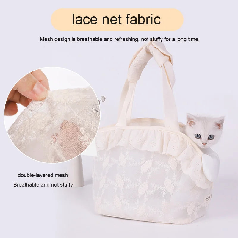 Pet Carrier Bag for Small Cats & Dogs – Lace Handheld Travel Backpack | Soft-Sided Car Seat Transport Tote | Puppy Travel Bag for Women