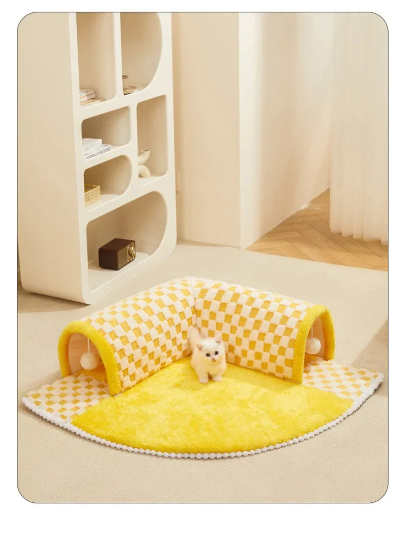 2-in-1 Cat Tunnel Bed – Plush Hideaway Tunnel with Removable Mat & Play Ball 2-in-1 Cat Tunnel Bed – Plush Hideaway Tunnel with Removable Mat & Play Ball