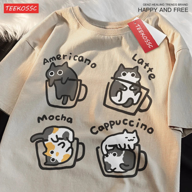 Cat Coffee T-Shirt – 100% Cotton Mocha Latte Cat Graphic Tee | Casual Loose Fit Short Sleeve Shirt for Men & Women