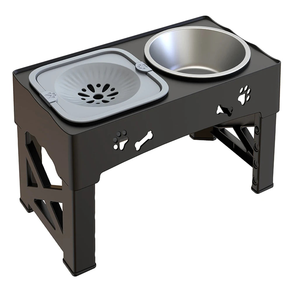 3-in-1 Adjustable Height Pet Feeder – Double Stainless Steel Bowls with Slow Feeder & Foldable Stand (5 Heights, 16.93")