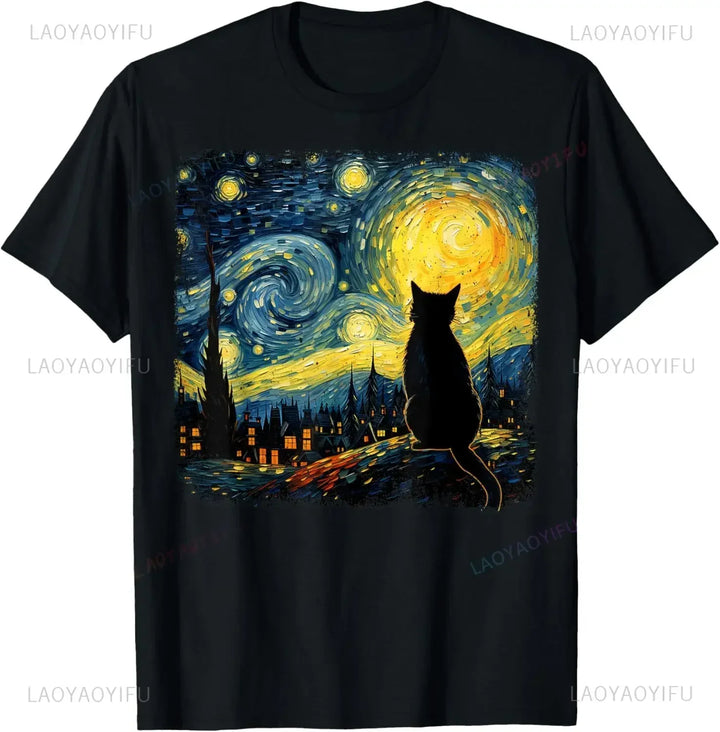 Cat Starry Night T-Shirt – Van Gogh Inspired Tee for Cat Lovers | Casual Loose Fit | Unisex Aesthetic Streetwear