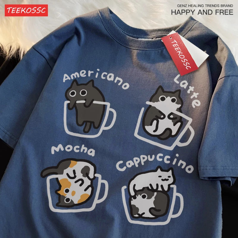 Cat Coffee T-Shirt – 100% Cotton Mocha Latte Cat Graphic Tee | Casual Loose Fit Short Sleeve Shirt for Men & Women