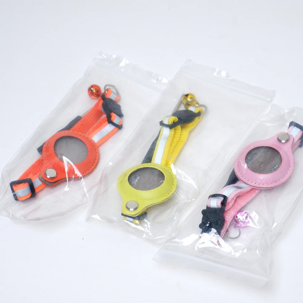 Reflective Pet Collar with AirTag Holder – Adjustable Nylon Collar with Bell & PU Leather Case (AirTag Not Included)