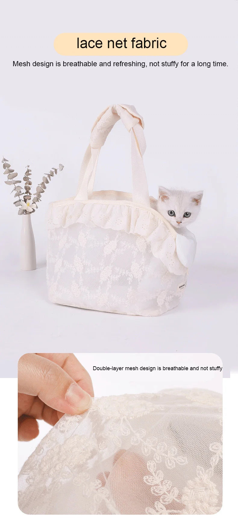 Pet Carrier Bag for Small Cats & Dogs – Lace Handheld Travel Backpack | Soft-Sided Car Seat Transport Tote | Puppy Travel Bag for Women