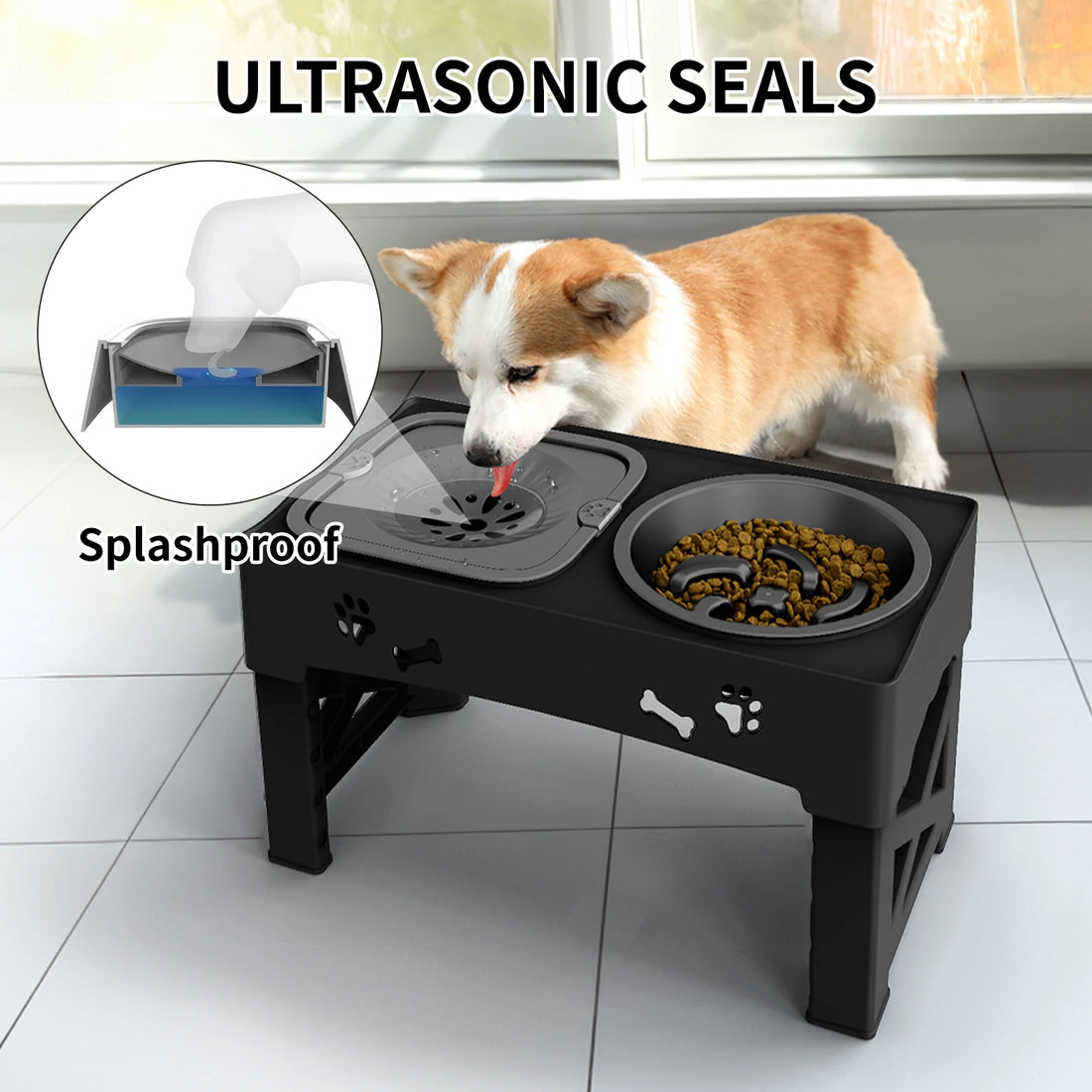 3-in-1 Adjustable Height Pet Feeder – Double Stainless Steel Bowls with Slow Feeder & Foldable Stand (5 Heights, 16.93")