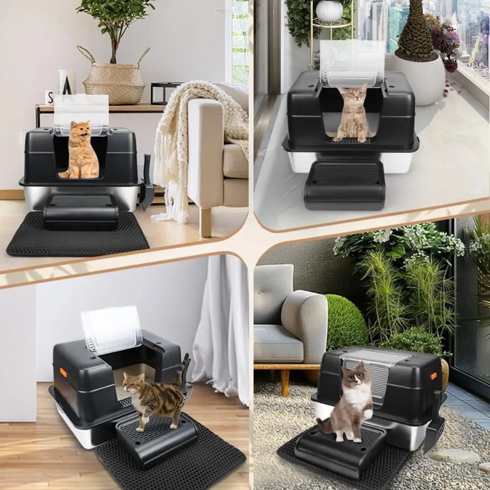 XXL Stainless Steel Cat Litter Box with Lid – High-Sided Enclosed Kitty Litter Pan with Front Entry & Top Access for Large Cats
