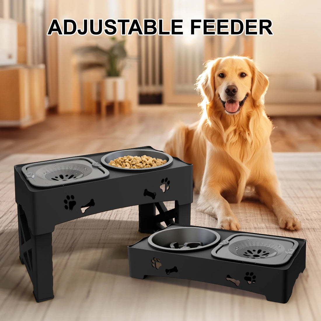 3-in-1 Adjustable Height Pet Feeder – Double Stainless Steel Bowls with Slow Feeder & Foldable Stand (5 Heights, 16.93")