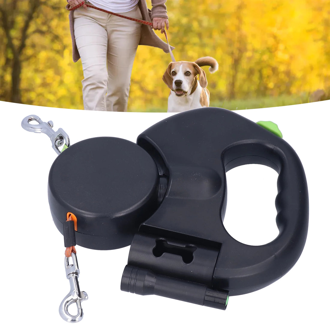 Dual Retractable Dog Leash with LED Flashlight & Waste Bag Dispenser – 360° Tangle-Free Design for 2 Dogs (Up to 33 lbs Each)
