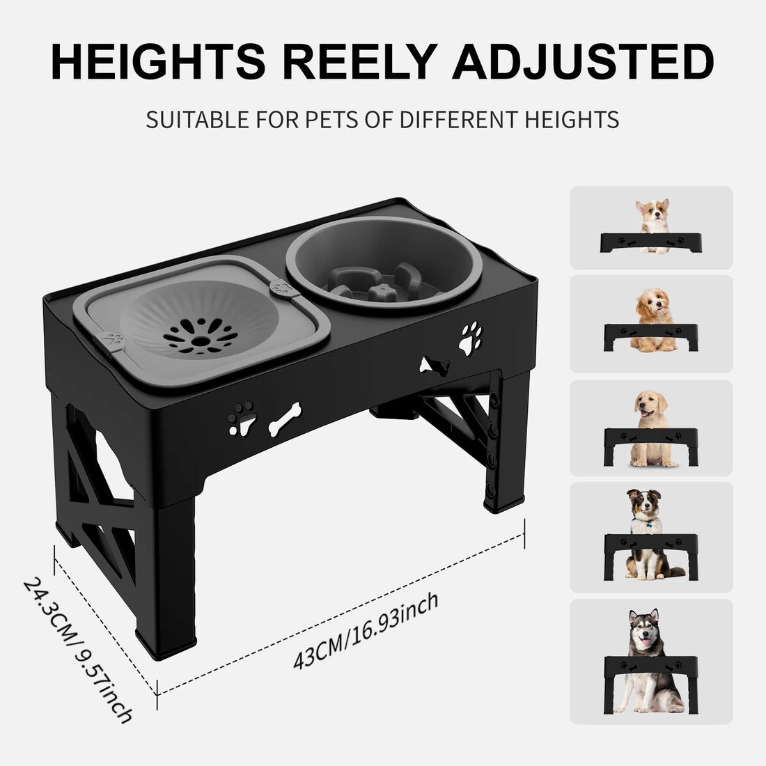 3-in-1 Adjustable Height Pet Feeder – Double Stainless Steel Bowls with Slow Feeder & Foldable Stand (5 Heights, 16.93")