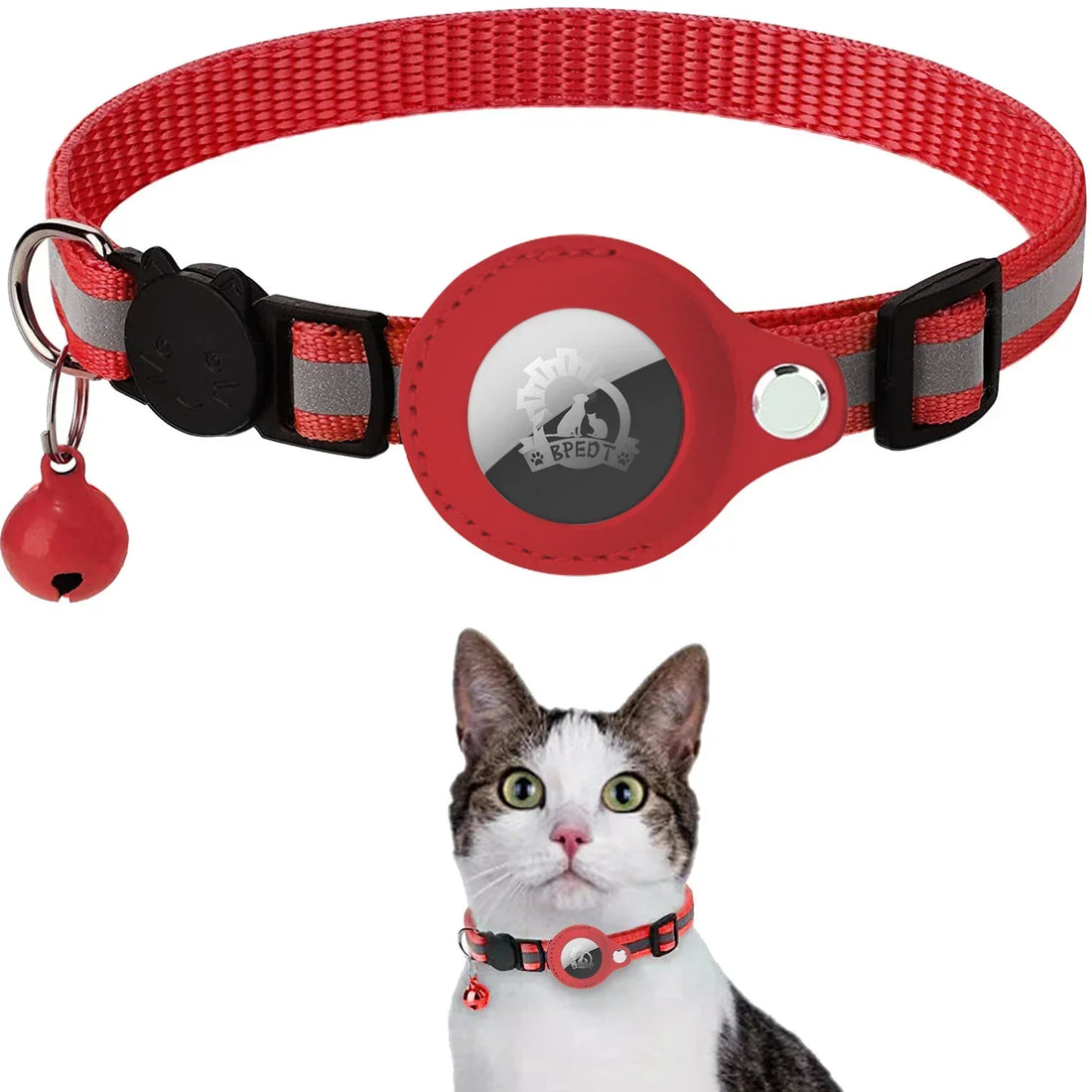 Reflective Pet Collar with AirTag Holder – Adjustable Nylon Collar with Bell & PU Leather Case (AirTag Not Included)
