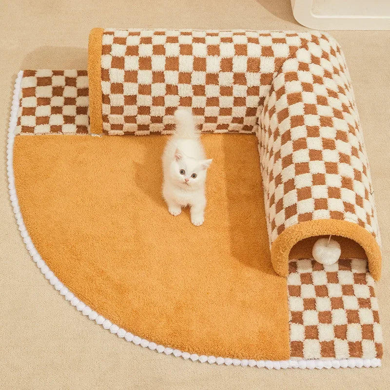 2-in-1 Cat Tunnel Bed – Plush Hideaway Tunnel with Removable Mat & Play Ball 2-in-1 Cat Tunnel Bed – Plush Hideaway Tunnel with Removable Mat & Play Ball