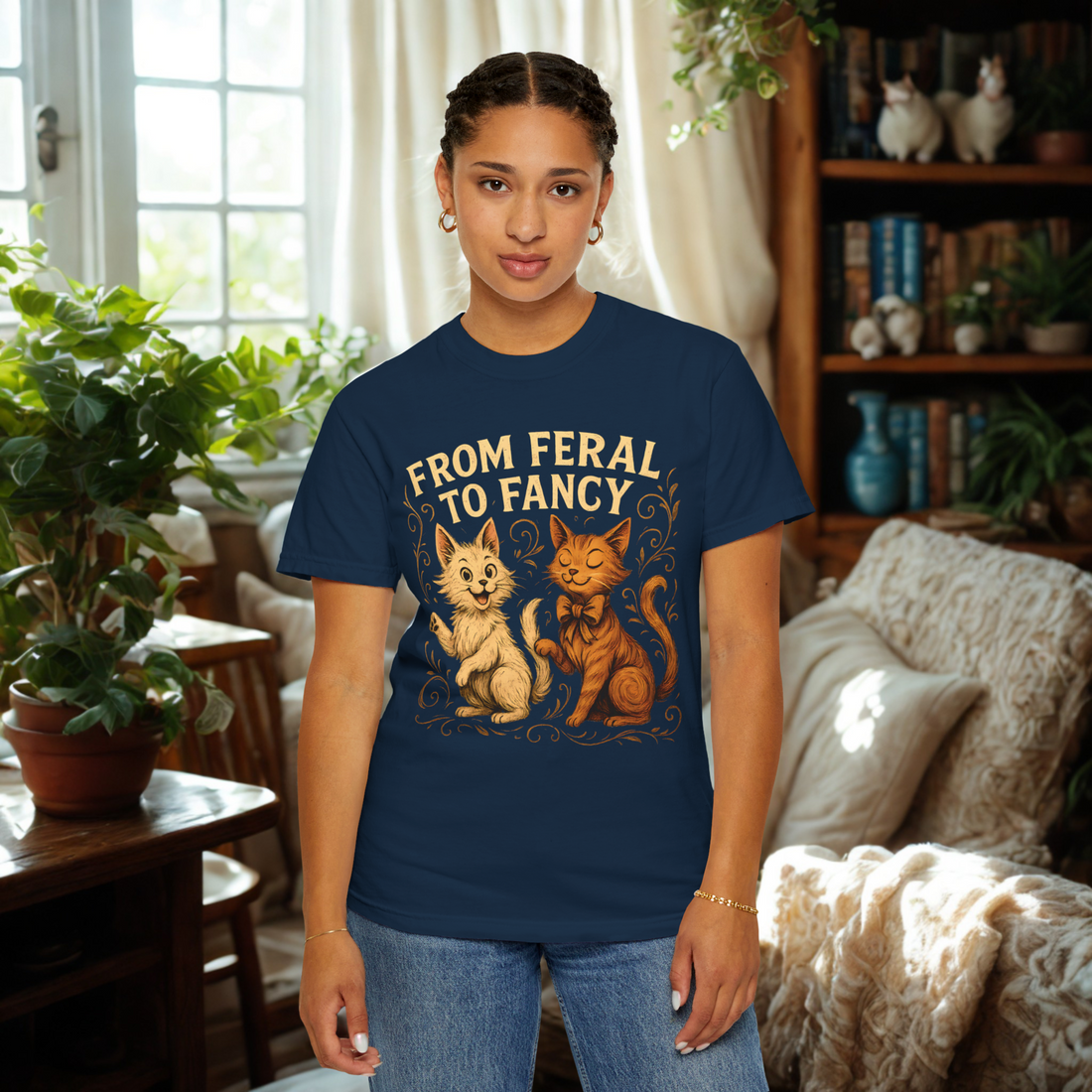 Feral to Fancy Cat Shirt – Funny Rescue Cat T-Shirt, Whimsical Pet Lover Gift, Oversized Fit, Cute Cat Mom Tee, Vintage Comfort Colors