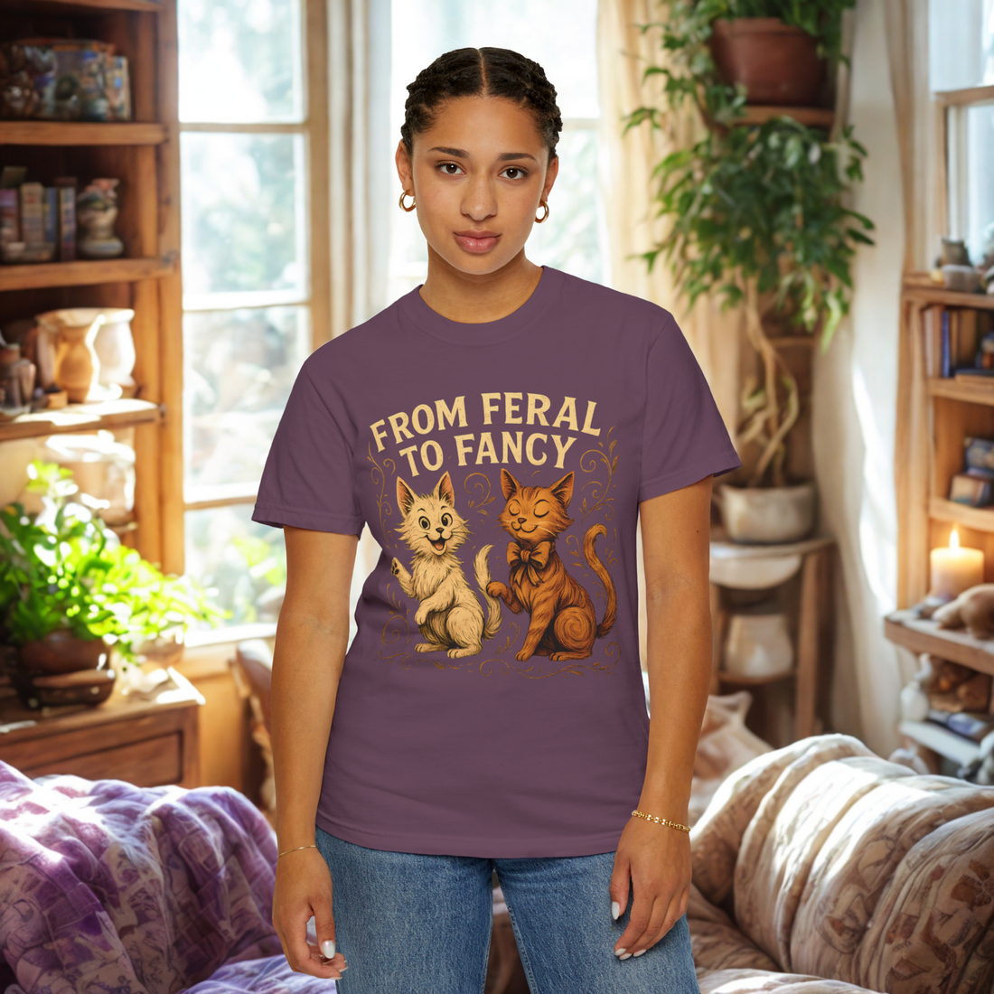 Feral to Fancy Cat Shirt – Funny Rescue Cat T-Shirt, Whimsical Pet Lover Gift, Oversized Fit, Cute Cat Mom Tee, Vintage Comfort Colors